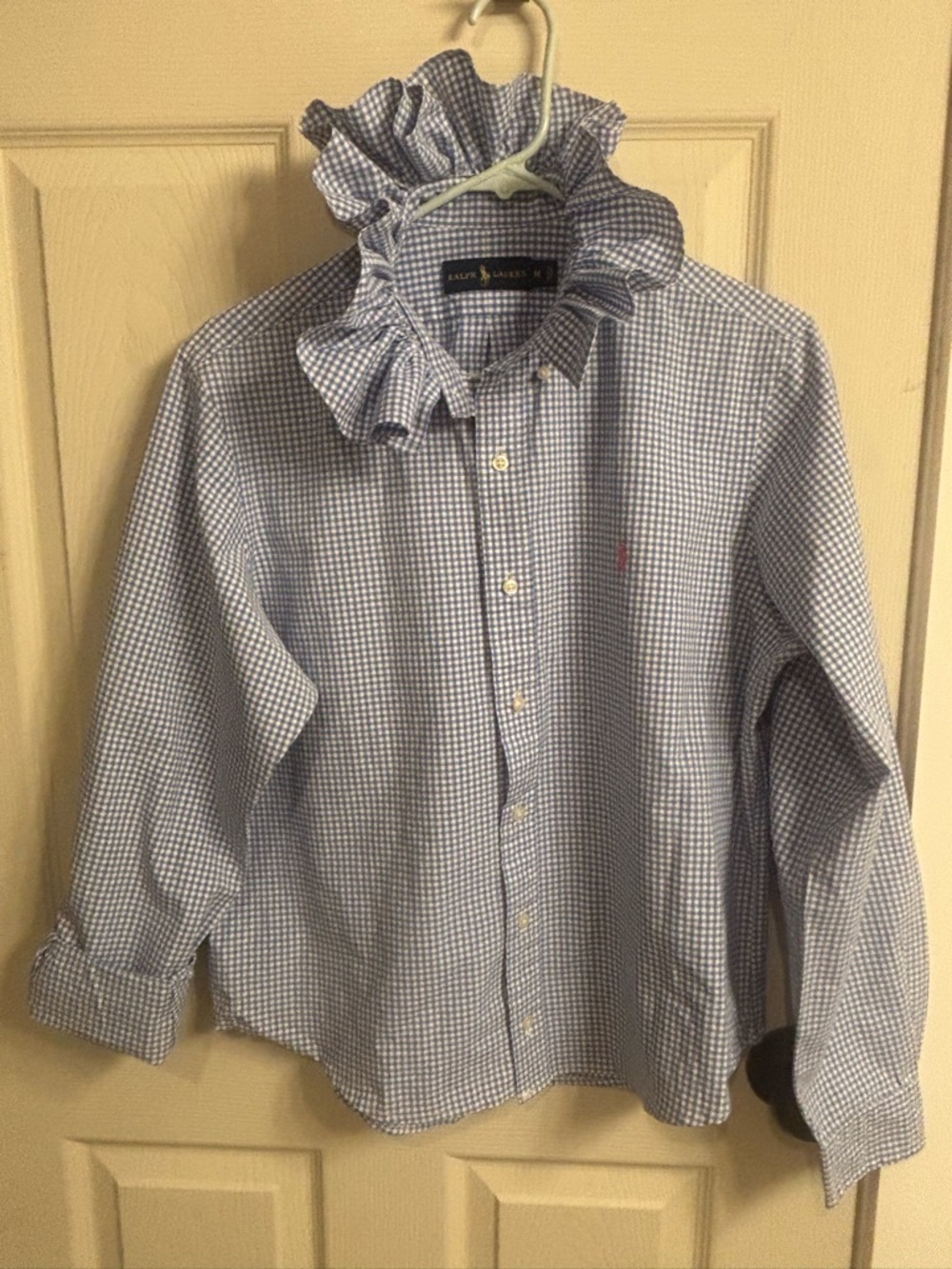 Women’s Blue Gingham Polo Ralph Lauren Button-Down Ruffled Collar Shirt